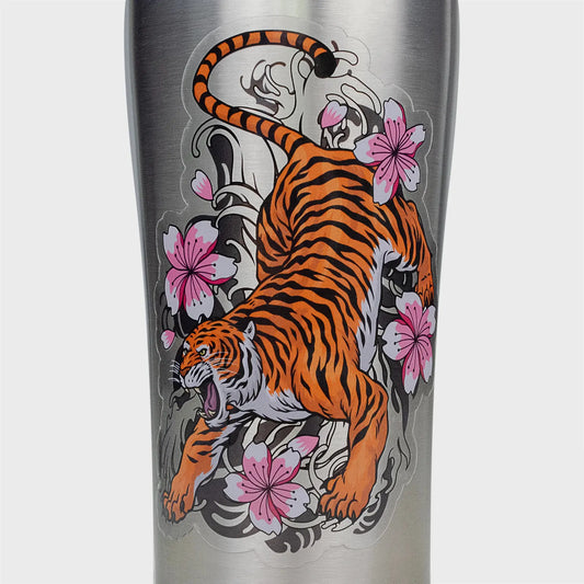 Clear sticker with white ink allows for a variety of creative uses for branding and more. Clear tiger with floral design sticker, applied to a stainless steel tumbler that allows the cup material to show through.