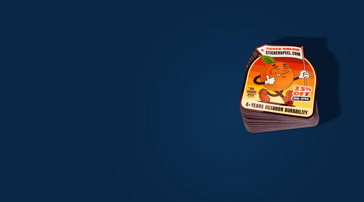 A stack of outdoor durability stickers on a dark blue background. The stickers feature a cartoon orange character and text including "Order Online - StickerAPeel.com".